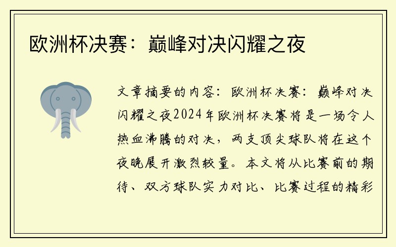 欧洲杯决赛：巅峰对决闪耀之夜